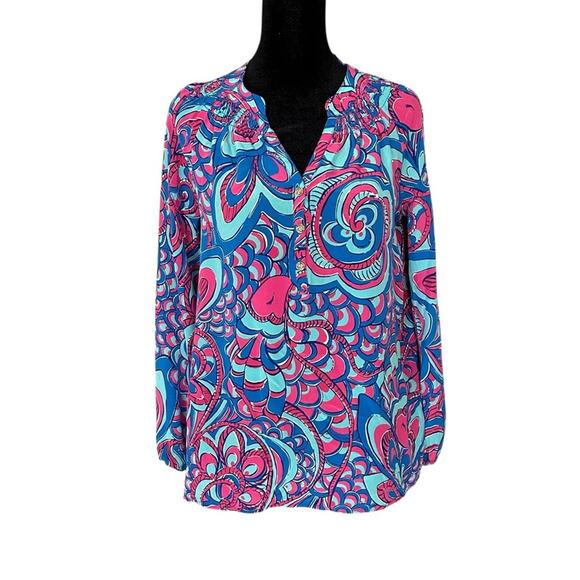 Lilly Pulitzer Elsa Blouse Top in Reel Me In 100% Silk Mermaid Core Vacation Sm - Picture 3 of 12